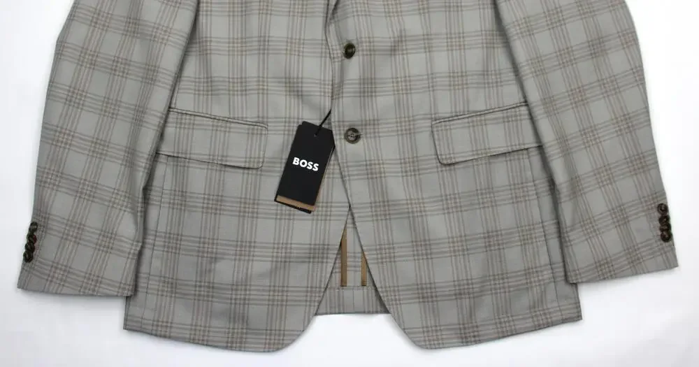 Hugo Boss H-Hutson-233 Blazer Mens 44 L Beige Plaid Wool Slim Fit Sport Coat